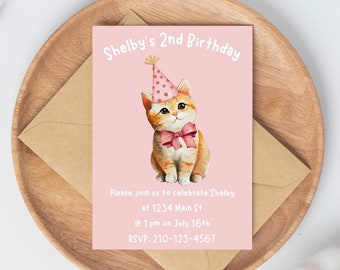 May include: Printable birthday invitation featuring a cute cartoon cat wearing a pink party hat and a pink bow. The invitation is pink with white text that reads "Shelby's 2nd Birthday", "Please join us to celebrate Shelby at 1234 Main St @ 1 pm on July 16th RSVP: 210-123-4567", "PRINTABLE", and "EDITABLE - DIGITAL".