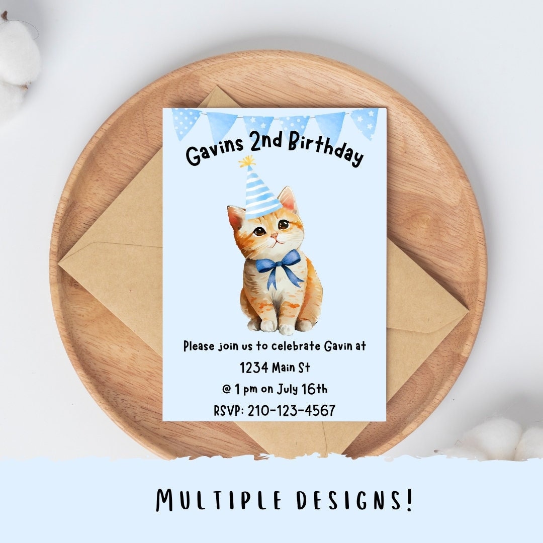 Cute Cat Birthday Party Invitation Editable Printable - Etsy
