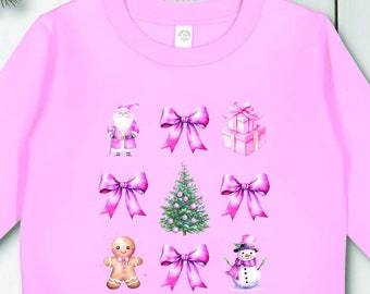 Toddler Girls Coquette Bow Christmas Sweatshirt, Christmas Pink Bow Shirt, Girly Christmas Sweatshirt, Preppy Christmas Sweatshirt, Santa T