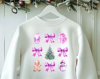 Girls Coquette Bow Christmas Sweatshirt, Preppy Christmas Sweatshirt, Christmas Pink Bow Shirt, Girly Christmas Sweatshirt, Pink Santa Top