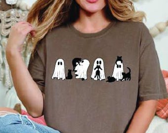 Ghost & Black Cat Halloween Comfort Colors Shirt - Spooky Tee - Halloween Cat T-shirt