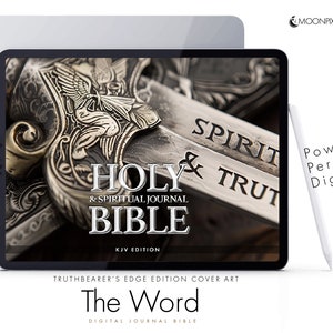 Op de afbeelding: Een digitale journal-bijbel met een omslagbeeld van een zilveren zwaard met ingewikkelde gravures. De tekst op de omslag luidt "Holy & Spiritual Journal Bible" en "Spirit & Truth".
