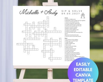 Customizable Sip and Solve Wedding Crossword Puzzle Sip and Solve Crossword Custom Crossword Wedding Sip and Solve Template Wedding Signs