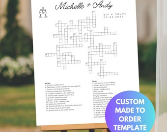 Made To Order Customizable Sip and Solve Wedding Crossword Puzzle Sip and Solve Crossword Personalized Large Crossword Wedding Template Sign