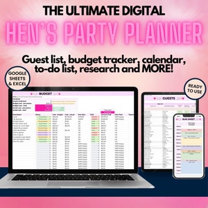 May include: A digital planner for a hen party, with a pink and white colour scheme. The planner includes a budget tracker, guest list, calendar, to-do list, and run sheet. The text on the image reads "The Ultimate Digital Hen's Party Planner" and "Guest list, budget tracker, calendar, to-do list, research and MORE!"