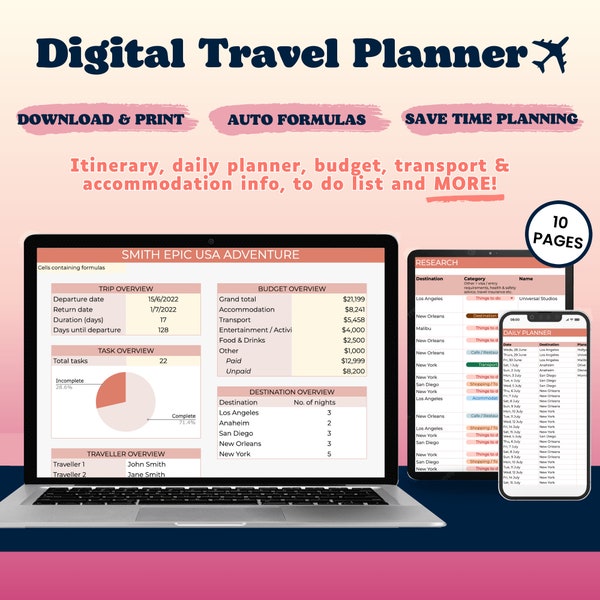 Instant Download Digital Travel Holiday Planner | Google Sheets & Excel