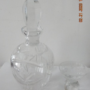 Vintage crystal small decorative decanter with large crystal stopper and crystal glass cup