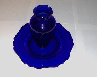 Vintage cobalt blue glass plate and vase