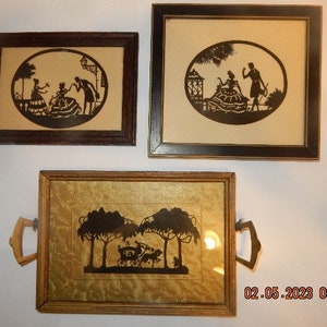 3 vintage romantic papercut silhouettes as wall hangings three sold together.