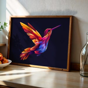 カラフルなハチドリのウォールアート – Flights of Fancy デジタルダウンロード – 鮮やかなモダンな鳥の印刷物