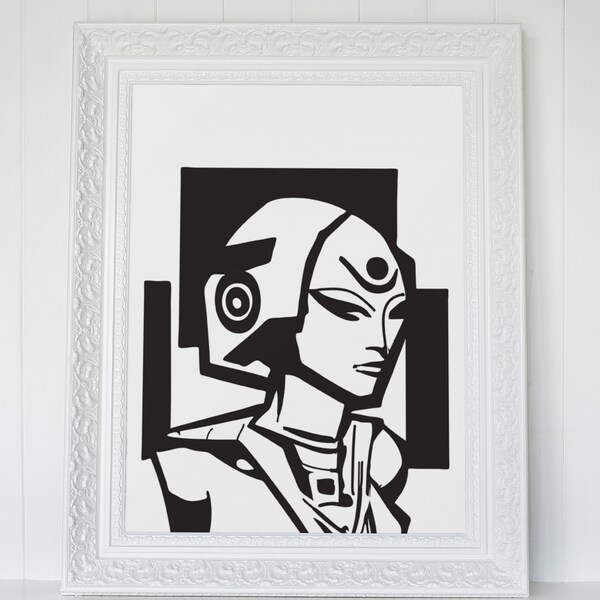 AI Cyborg Stencil Graffiti Print | Digital Download Wall Art | Futuristic Abstract Poster in Black and White