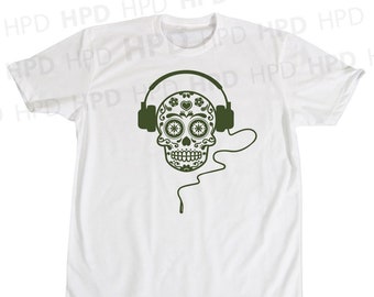 Sugar Skull Headphones T-shirt Ring Spun Soft Tee
