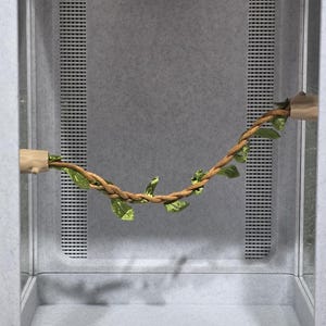 May include: A light grey reptile enclosure with a textured finish. The cage has a climbing branch made of a brown vine with green leaves. The enclosure is rectangular with a solid base and a perforated back panel.