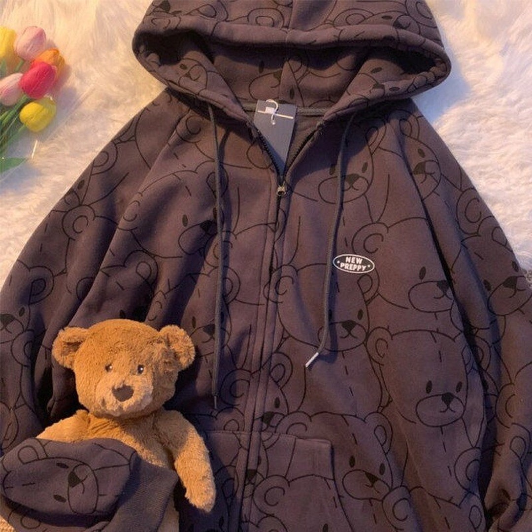 Harajuku Streetwear Teddy Bear Fleece Jacket Black / S