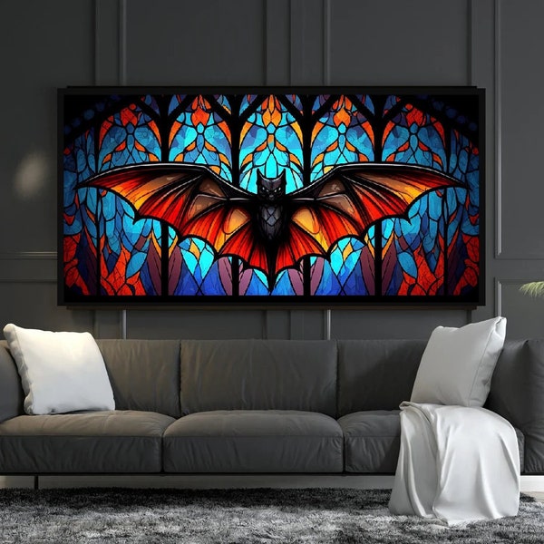 Gothic Glory: A Flying Bat Stained Glass Masterpiece | Gothic Wall Art Stained Glass Bat Poster Digital Print Above Bed Wall Art | Perfect