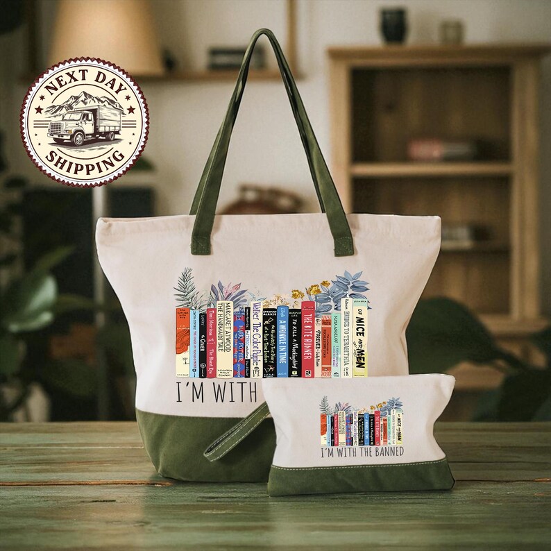 A large tote bag and a smaller bag with a printed design on them, both featuring a variety of colorful books.