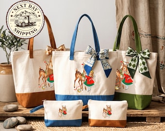 Vintage Christmas Reindeer Canvas Tote Bag, Retro Holiday Tote, Classic Xmas Gift Bag, Nostalgic Reindeer Tote, Festive Winter Bag