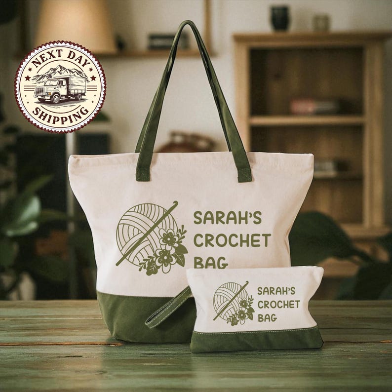 A large white tote bag with a green handle and a smaller bag with a similar design, both featuring the text "SARAH'S CROCHET BAG" and a crochet ball graphic.