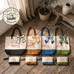 a collection of Christmas-themed tote bags and bags with Christmas bows, arranged on a wooden floor.