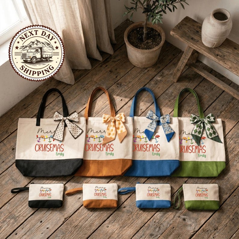 a collection of Christmas-themed tote bags and bags with Christmas bows, arranged on a wooden floor.