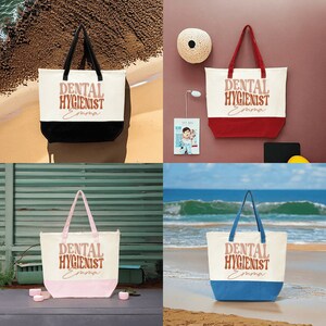 a collage of photos of a beach with a tote bag