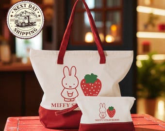 Miffy Strawberry Tote Bag, Red Outline Design, Cute and Stylish Carryall for Kids and Adults, Strawberry Festival Tote,Strawberry Lover Gift