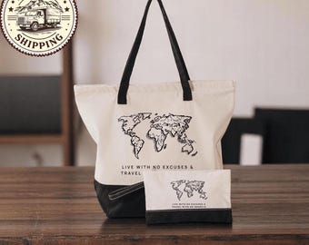 Gift For World Traveler, World Map Tote Bag for World Traveler, Tote Bag with World Map Line Art, EcoFriendly And Reusable Everyday Bag