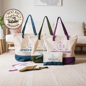 Apres Ski Club Tote Bag, Apres Ski Bachelorette, Ski Mountain Favor Bags, Ski Wedding Tote Bags, Apres Ski Party Gifts, Custom Apres Ski Bag