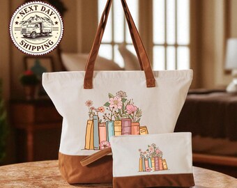 Floral Books Canvas Tote Bag, Librarian Book Lover Gift, Gift For Reader, Book Club Tote Bag, Bookworm Gifts