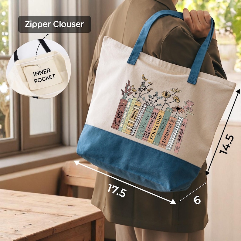 A person is holding a tote bag with a printed design of books and flowers on it. The bag has a zipper closure and a pocket on the front. The image also includes a diagram showing the dimensions of the bag, with the person's back visible.