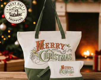Retro Merry Christmas Tote Bag, Vintage Holiday Canvas Shopping Bag, Family Christmas Bag