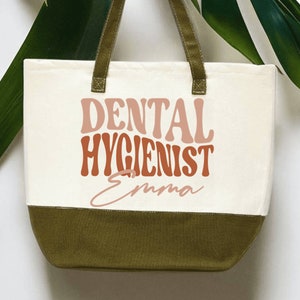 a tote bag with the words dental hygienist on it