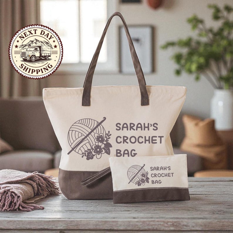 A beige tote bag with a crochet bag design, featuring the text "SARAH'S CROCHET BAG" and a small crochet bag, placed on a wooden surface.
