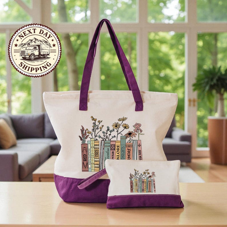 A large tote bag with a floral design and a smaller pouch featuring a similar floral design are displayed on a wooden table.