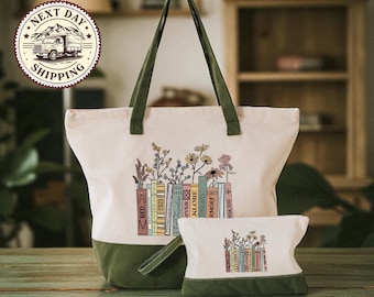 Book Tote Bag, Floral Book Lover Canvas Tote, Teacher Gift, Reading Teacher Book Bag, Tote Bag Gift for Book Lover, Book Worm Tote Bag