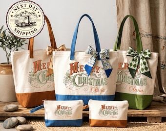 Retro Merry Christmas Tote Bag, Vintage Holiday Canvas Shopping Bag, Family Christmas Bag