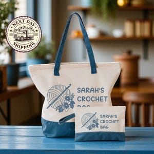 A large tote bag with a blue handle and a smaller crochet bag with a similar design are displayed on a blue surface, with a "Next Day Shipping" logo in the background.