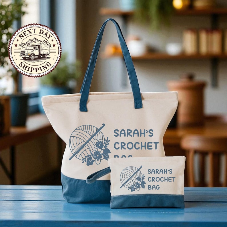 A large tote bag with a blue handle and a smaller crochet bag with a similar design are displayed on a blue surface, with a "Next Day Shipping" logo in the background.