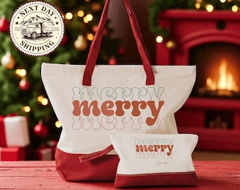 Custom Merry Christmas Canvas Tote Bag, Festive Holiday Shopping, Personalized Christmas Gift, Christmas Family Bag