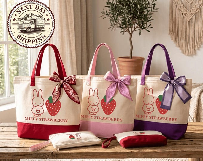 Miffy Strawberry Tote Bag, Red Outline Design, Cute and Stylish Carryall for Kids and Adults, Strawberry Festival Tote,Strawberry Lover Gift