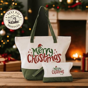 Custom Merry Christmas Holiday Tote Bag, Festive Seasonal Canvas Bag for Winter Shopping, Gift Giving and Christmas Celebrations