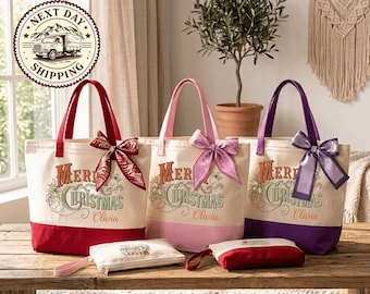 Retro Merry Christmas Tote Bag, Vintage Holiday Canvas Shopping Bag, Family Christmas Bag