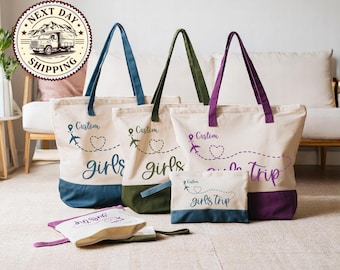 Custom Location Girl&#39;s Trip Tote Bag, Girls Weekend Tote Bag, Personalized Vacation Outfit, Travel Buddies Gift, Custom Location