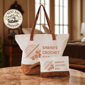 A white tote bag with brown handles and a smaller bag with a similar design, both featuring the text "SARAH'S CROCHET BAG" and a crochet ball graphic.