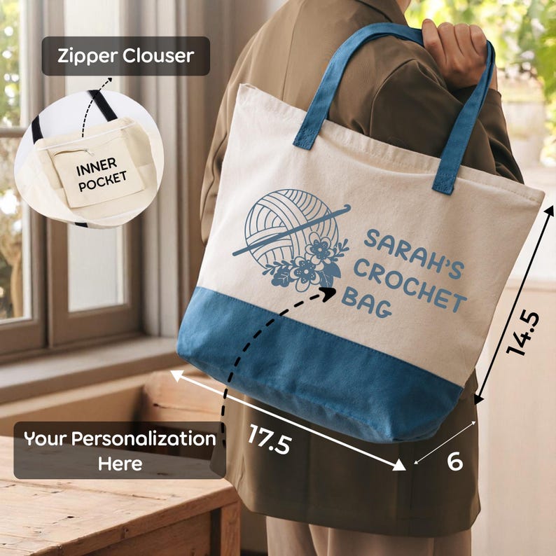 a person holding a tote bag with a crochet design, including a zipper clasps and a pocket. The bag is described as a personalized bag with a crocheted design, and the dimensions are provided.