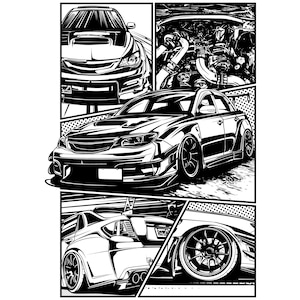 Può includere: Illustrazione in bianco e nero di un'auto con un motore, una vista frontale e una vista posteriore dettagliate. L'auto è una Subaru Impreza WRX STI.