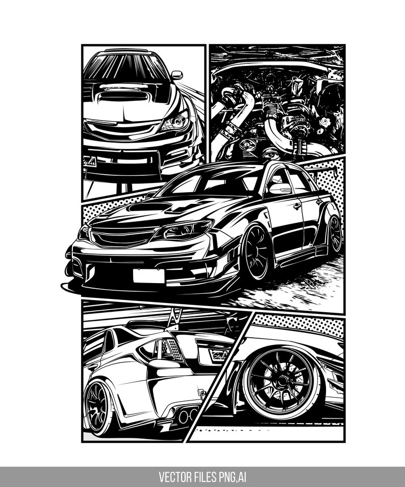 Może przedstawiać: Czarno-biała ilustracja samochodu z szczeg&oacute;łowym widokiem silnika, przodu i tyłu. Samoch&oacute;d to Subaru Impreza WRX STI.