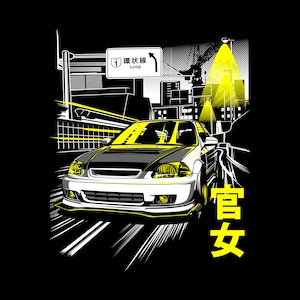 Puede incluir: Un coche blanco con detalles amarillos circula por una calle de la ciudad por la noche. El coche tiene un capó negro y un cartel amarillo 'Loop' es visible en el fondo. El texto japonés '百女' es visible en la esquina inferior derecha de la imagen.