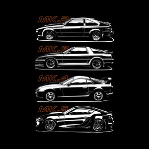Puede incluir: Una ilustración en blanco y negro de cuatro generaciones del Toyota Supra, etiquetadas como MK.2, MK.3, MK.4 y MK.5. Los coches se muestran en vista de perfil, con los modelos más antiguos en la parte superior y los modelos más nuevos en la parte inferior.
