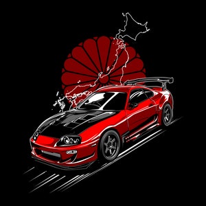 Puede incluir: Un coche deportivo rojo con un capó negro y un contorno blanco del mapa de Japón detrás. El coche está conduciendo sobre un fondo negro con una flor de crisantemo japonesa roja y blanca detrás.